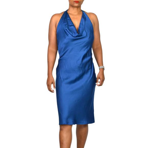 Young Fabulous Broke Rebel Slip Dress Blue Halter Midi Rayon Draped Satin Small - Picture 10 of 13